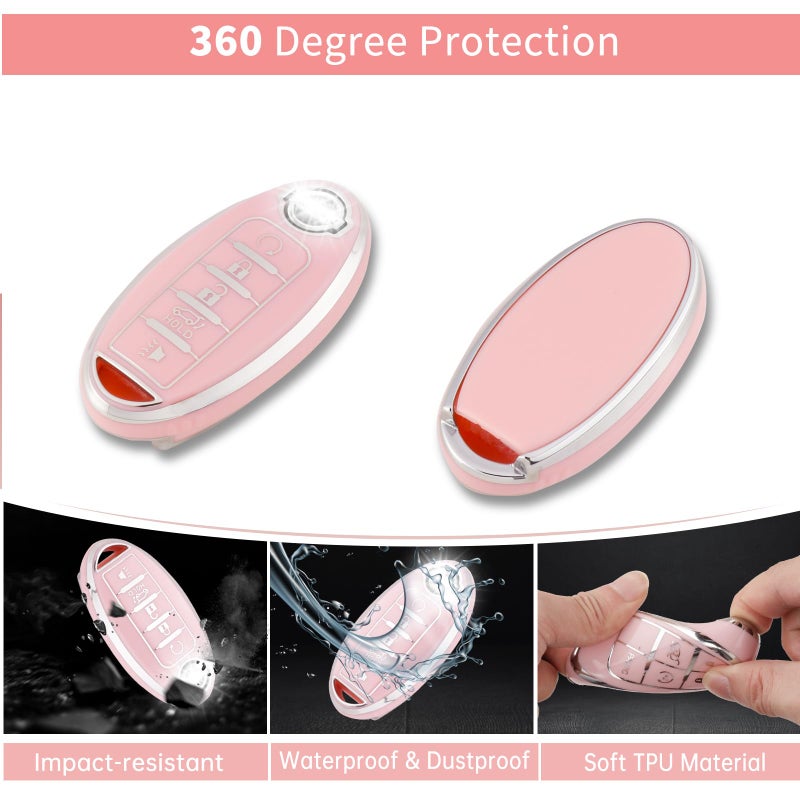 Pangpai Pink Car Accessories 3 Pcs for 5 Buttons Nissan Key Fob Cover with Bling Keychain Cute Push to Start Button Cover - Image 3